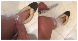 A photo of the steps needed to moisturize your legs with shea butter and plastic wrap for an article titled, african shea butter for glistening summer skin in successful black parenting magazine.