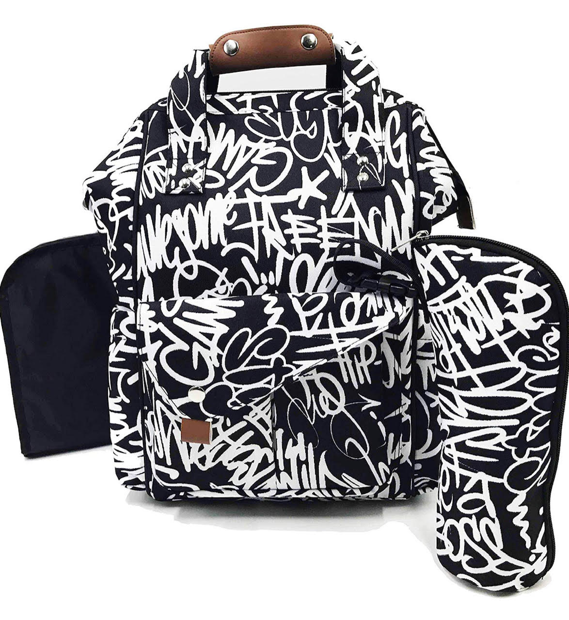 A graffiti designed black and white diaper bag for designed in a hip-hop style.