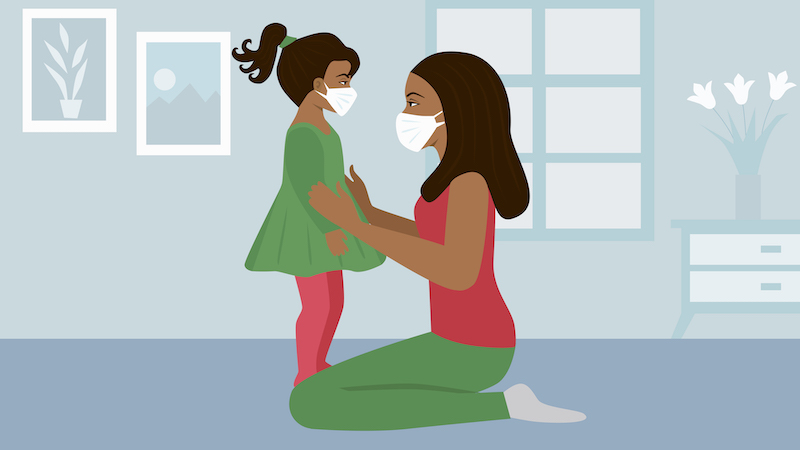 Black parents and love in an illustration of an african american mother and daughter both wearing medical masks.