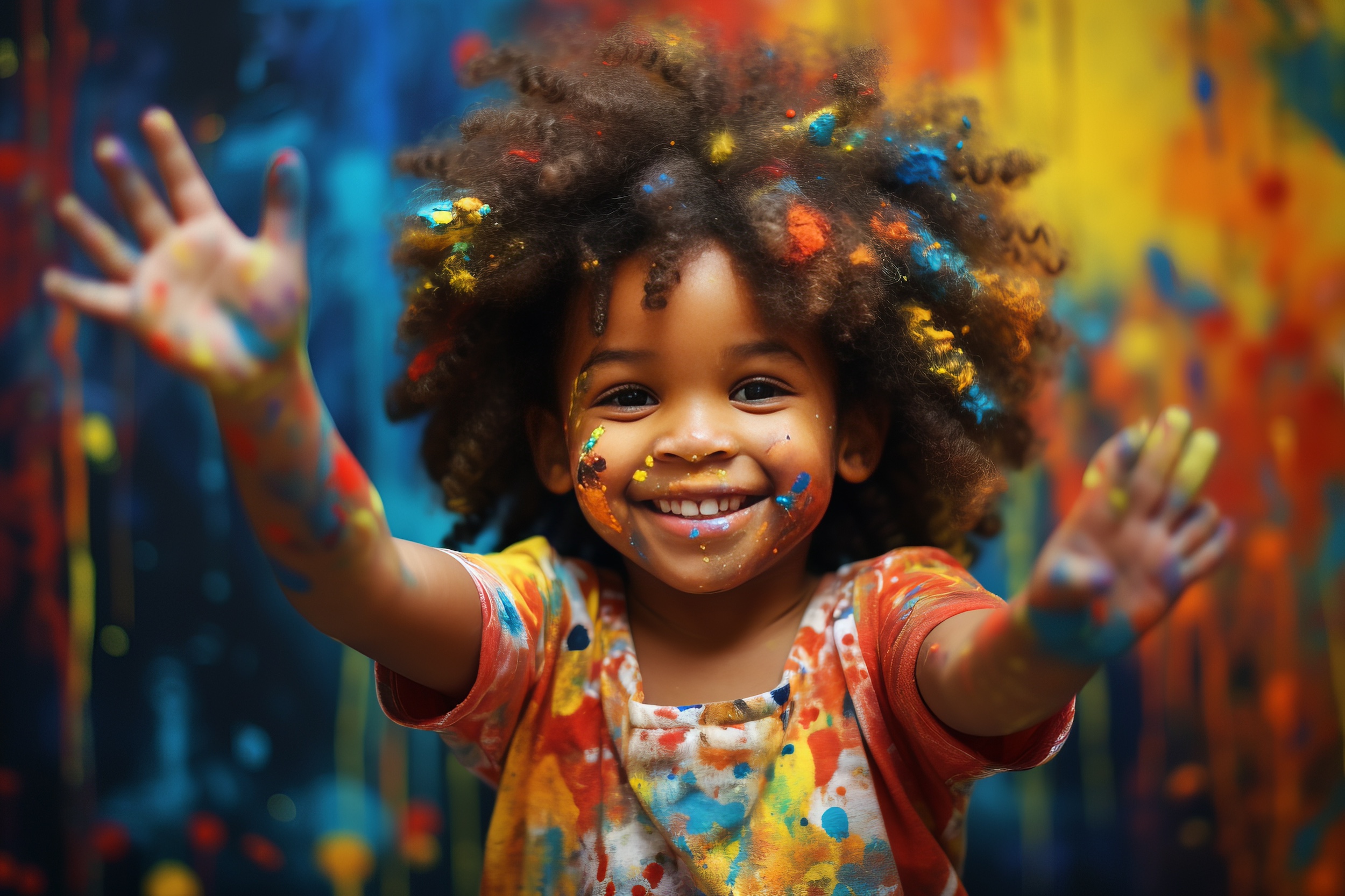 An african american girl about age 3 is enjoying finger painting but she has it all over her and the walls making a beautiful multicolor photograph.