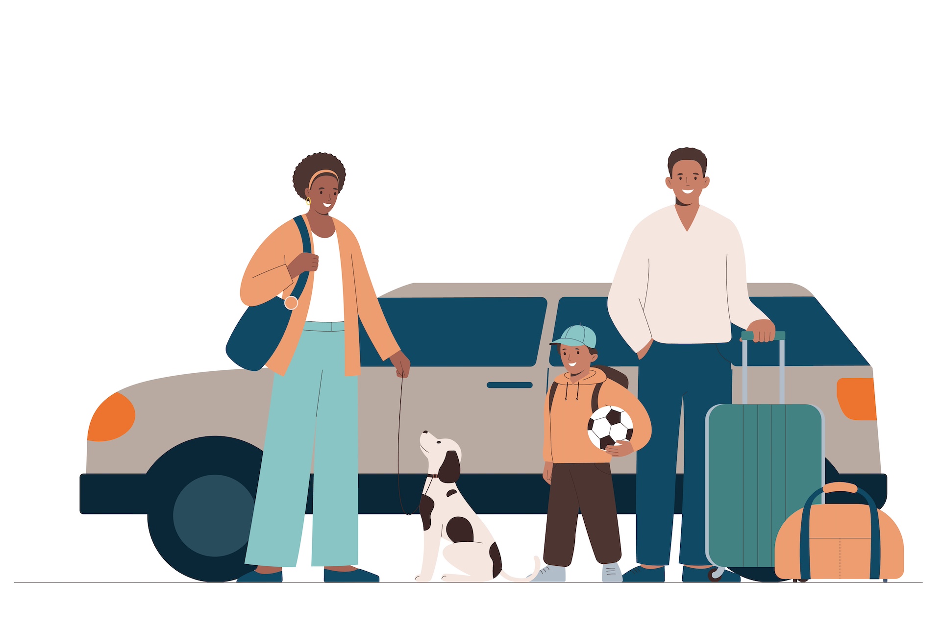 An illustration of an african american family with luggage and a dog about to do some family travel.