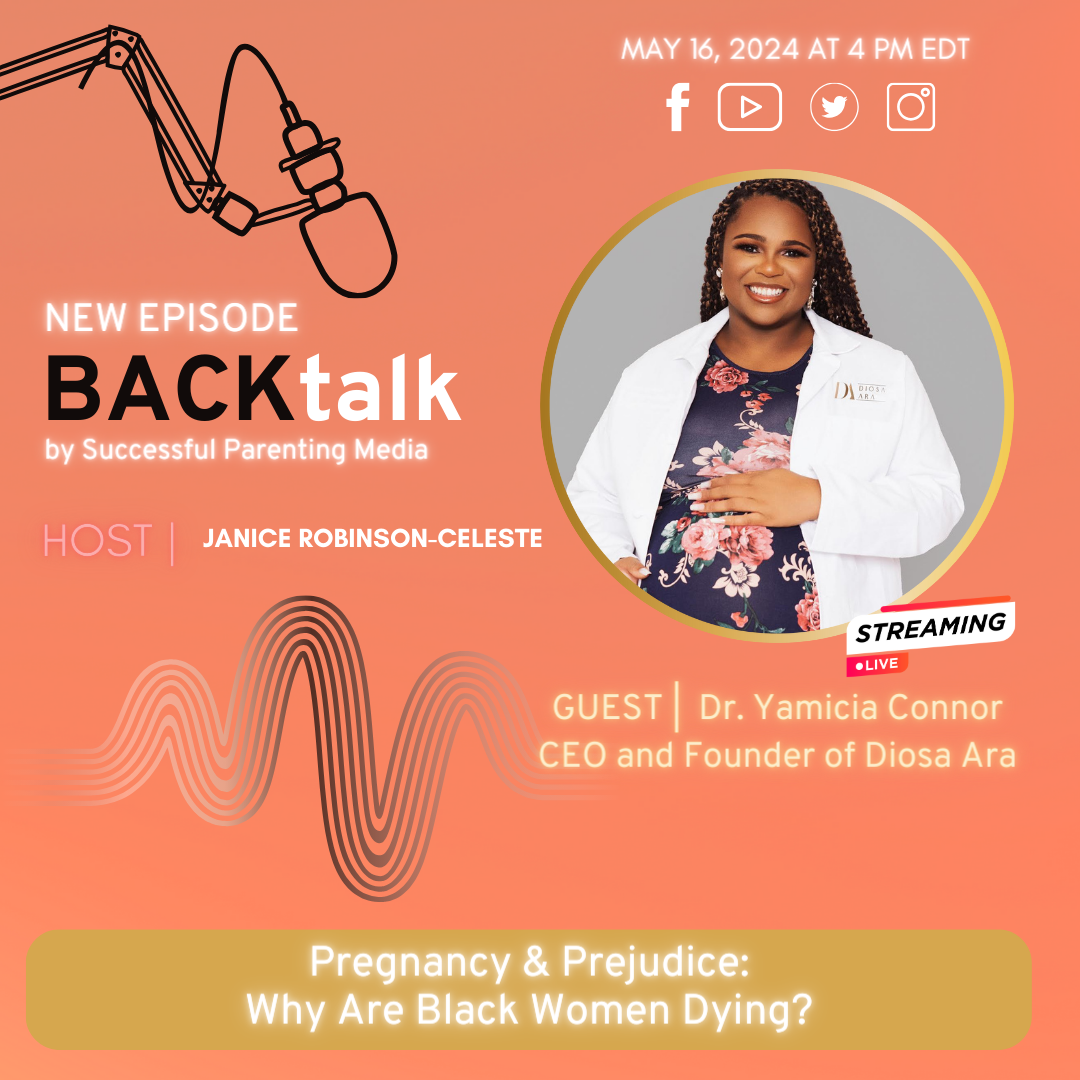 A woman in a white coat, dr. Yamicia connor talks about why are black women are dying on backtalk podcast promotional graphic