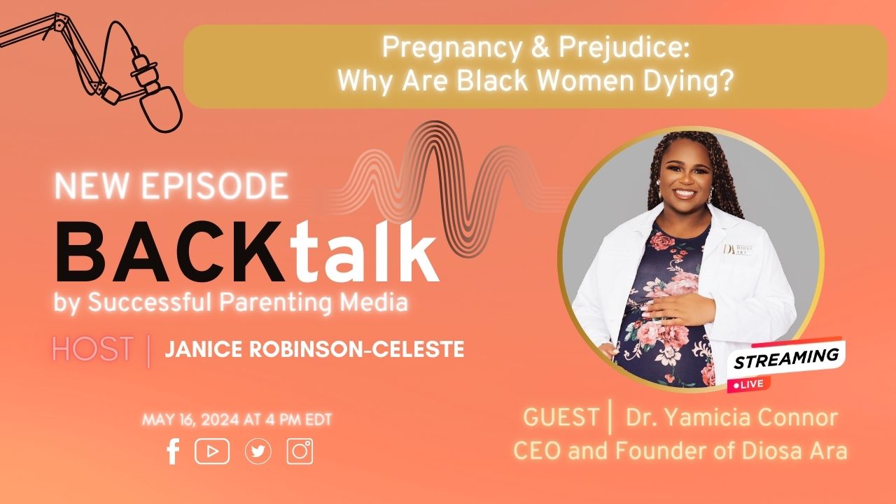 Dr. Yamicia connor in a floral dress and white lab coat for backtalk podcast on why are black women dying graphic.
