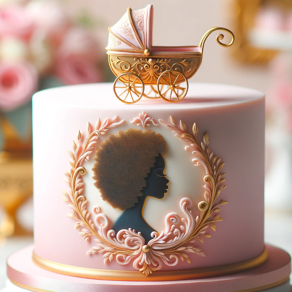 African american silhouette on a baby shower cake with a miniature baby carriage on top.