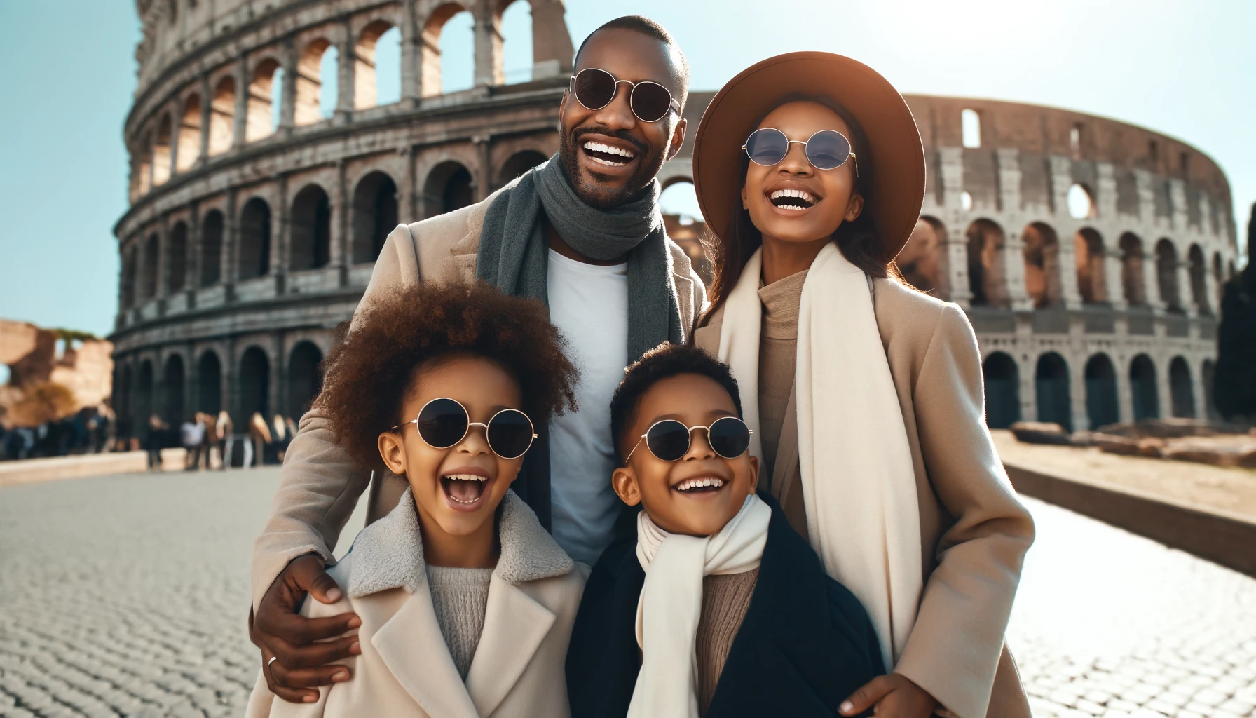 African american family poses in front of the colosseum making memories with kids in rome