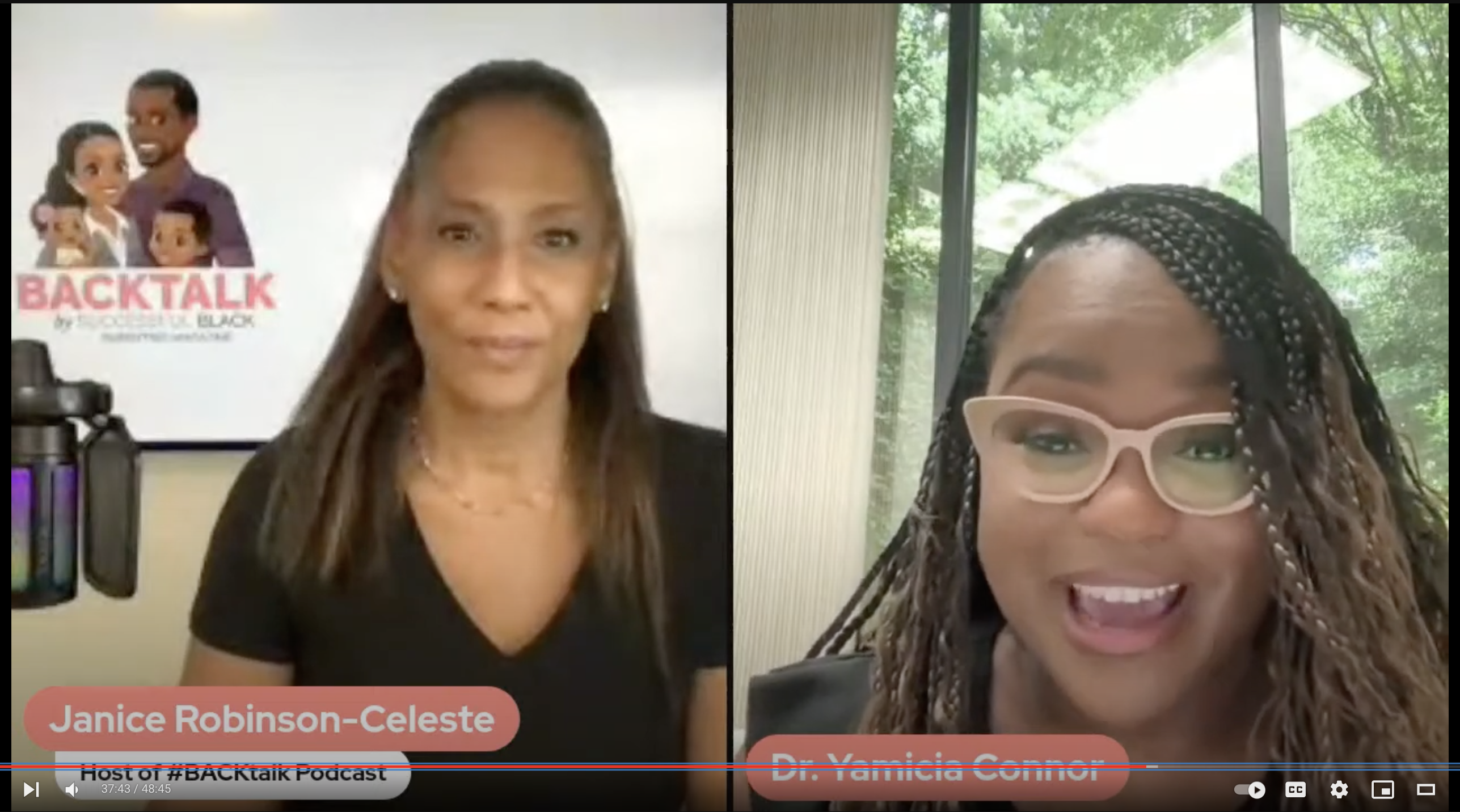 Split screen of backtalk a dr. Yamicia connor with long braids and glasses with host, janice robinson-celeste about why are black women dying.