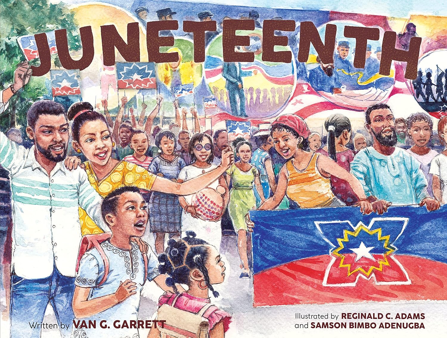 The cover of "juneteenth" by van g. Garrett features a young black boy smiling joyfully amidst a colorful juneteenth parade in galveston, texas. He is surrounded by vibrant floats, balloons, and banners celebrating freedom. The background includes festive crowds and historic buildings under a bright, sunny sky. The title "juneteenth" is prominently displayed in bold letters at the top, encapsulating the spirit of celebration and heritage about the significance of juneteenth.