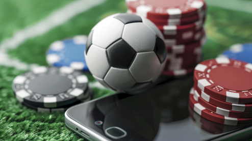 Soccer ball and chips with iphone on a casino table.