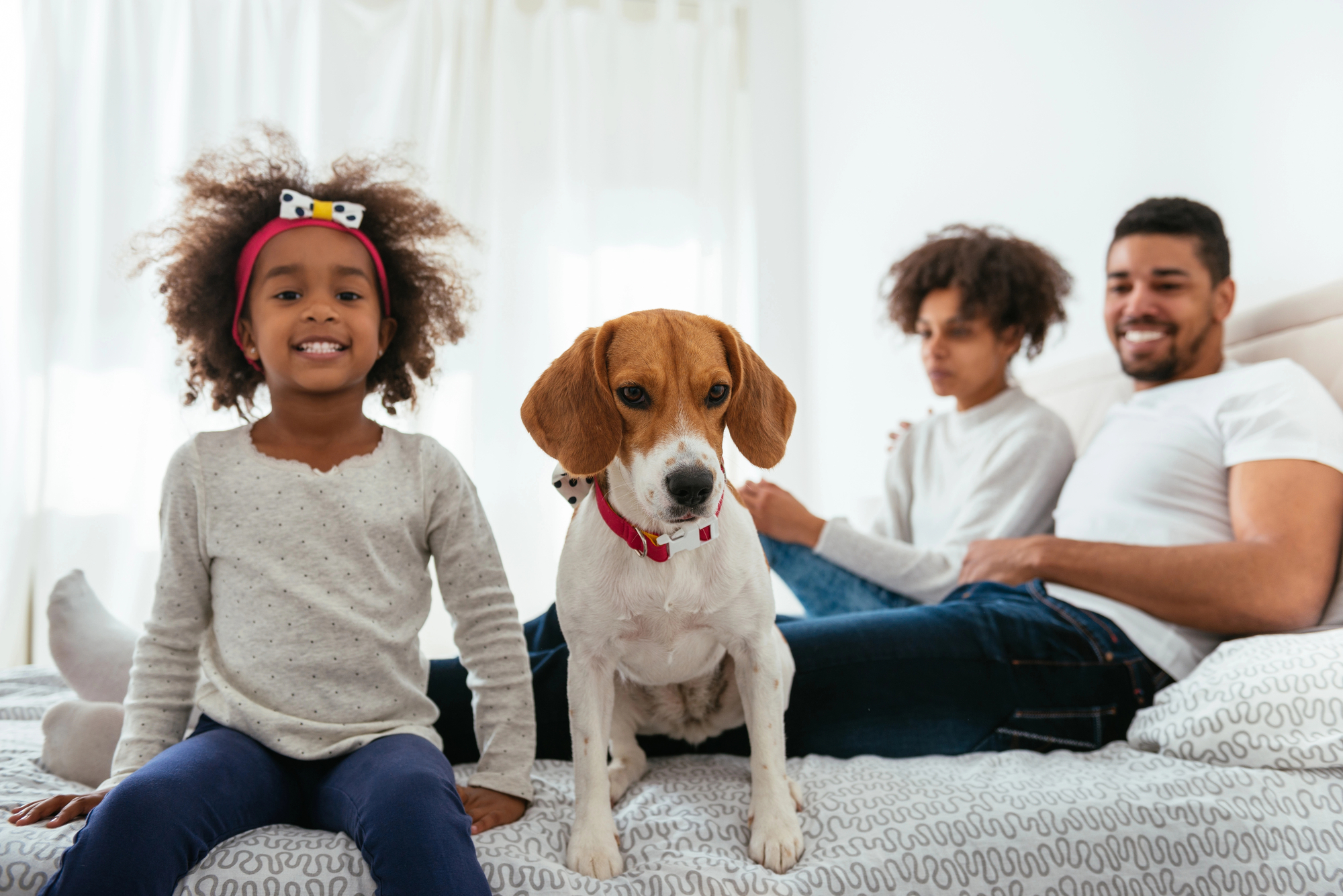 African american family with a dog in their bedroom for an article on introducing a dog to your family