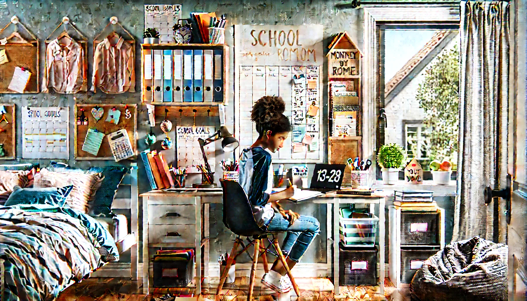An illustration of an organized african american teen girl staying organized with her assignments.