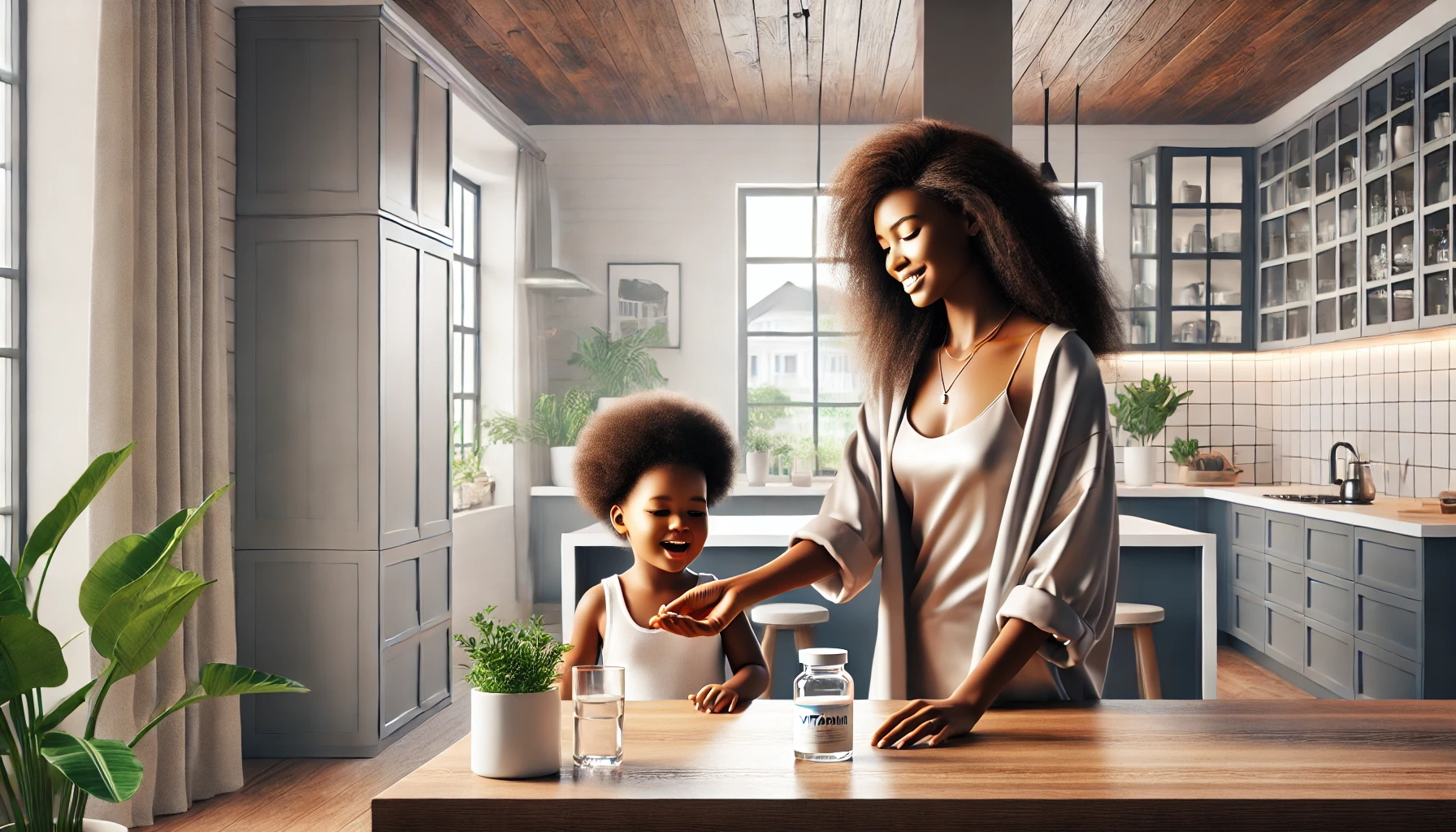 An ai illustration of an african american mom giving her son vitamin supplements for children.