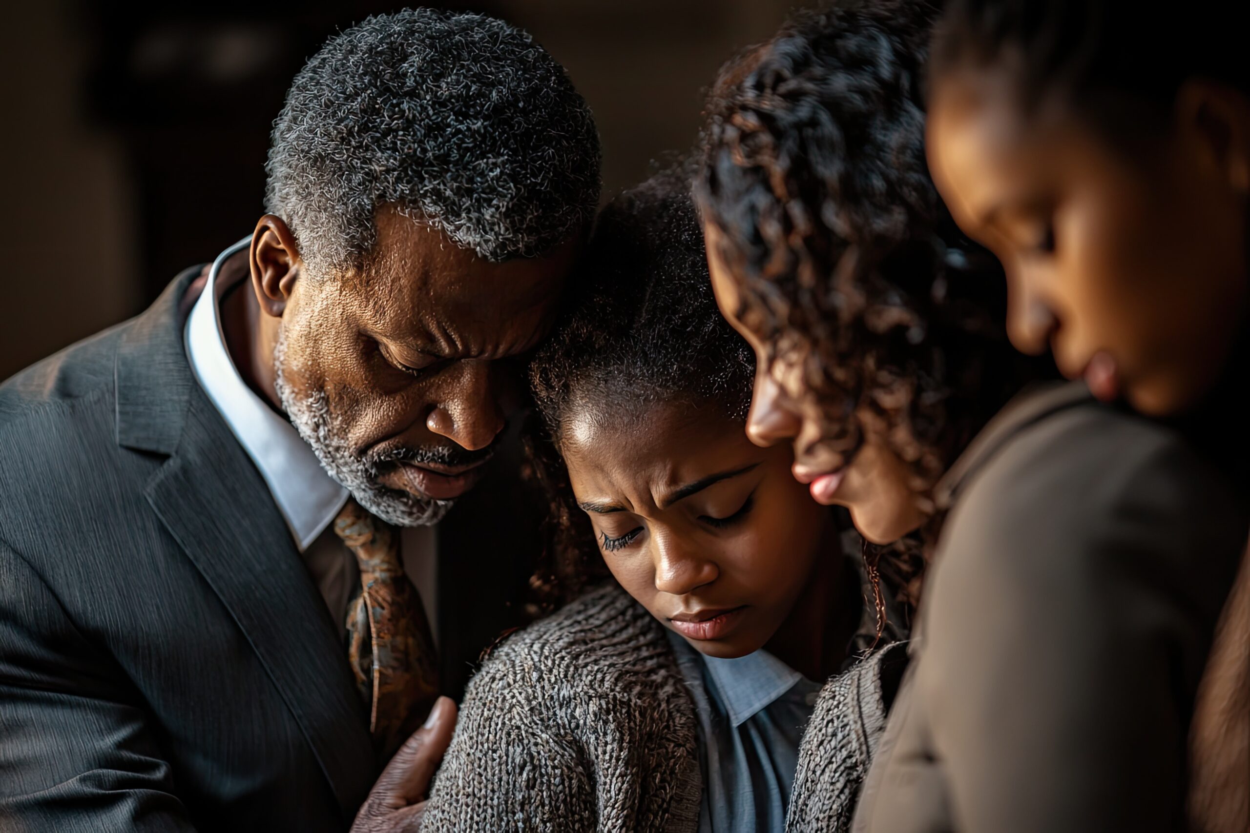 An african american family dealing with the death of a loved one.