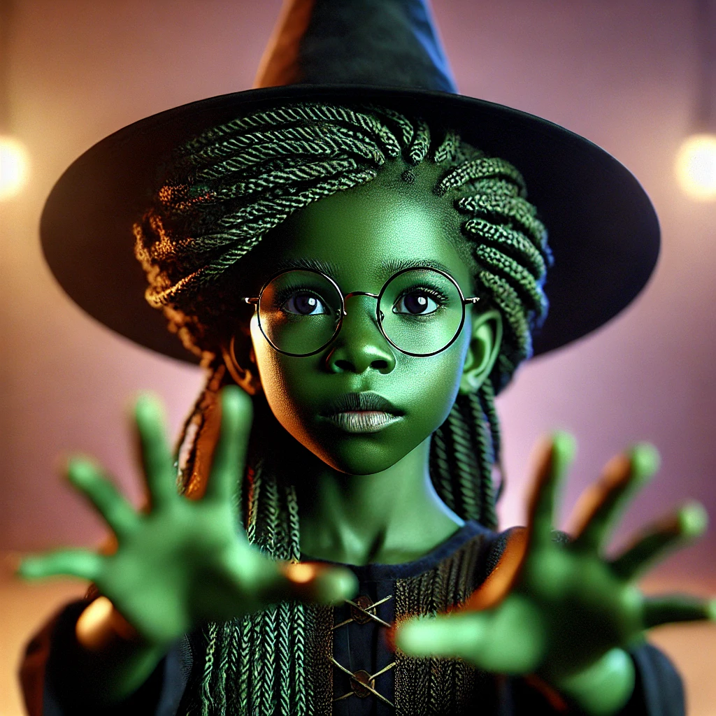 A striking illustration of a young black girl with braided hair, painted green, wearing a witch's hat and glasses. Her outstretched hands suggest magic and power.