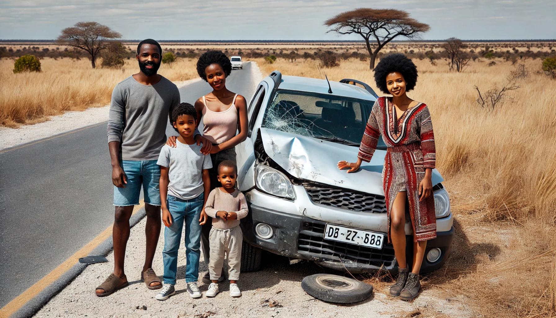 African american family after a car accident in a foreign country with botswana license plate, standing safely beside damaged rental car on roadside, seeking legal help abroad for an article about filing a car accident lawsuit in a foreign country.