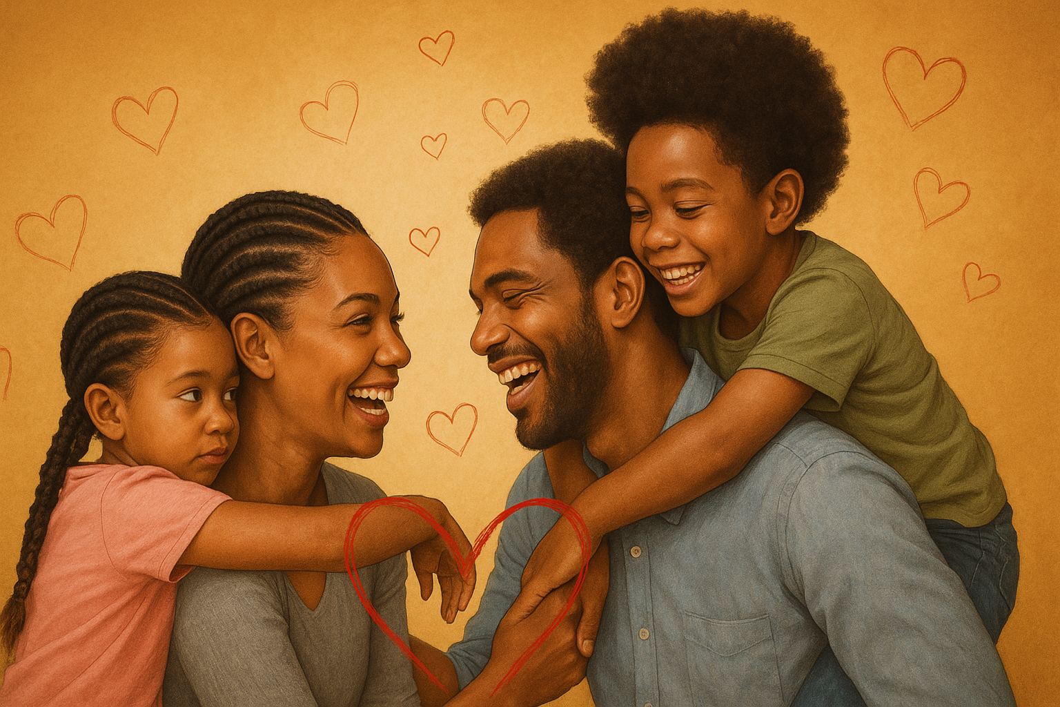 Single parents are seeking love and connecting with their kids with heart illustrations floating around them.