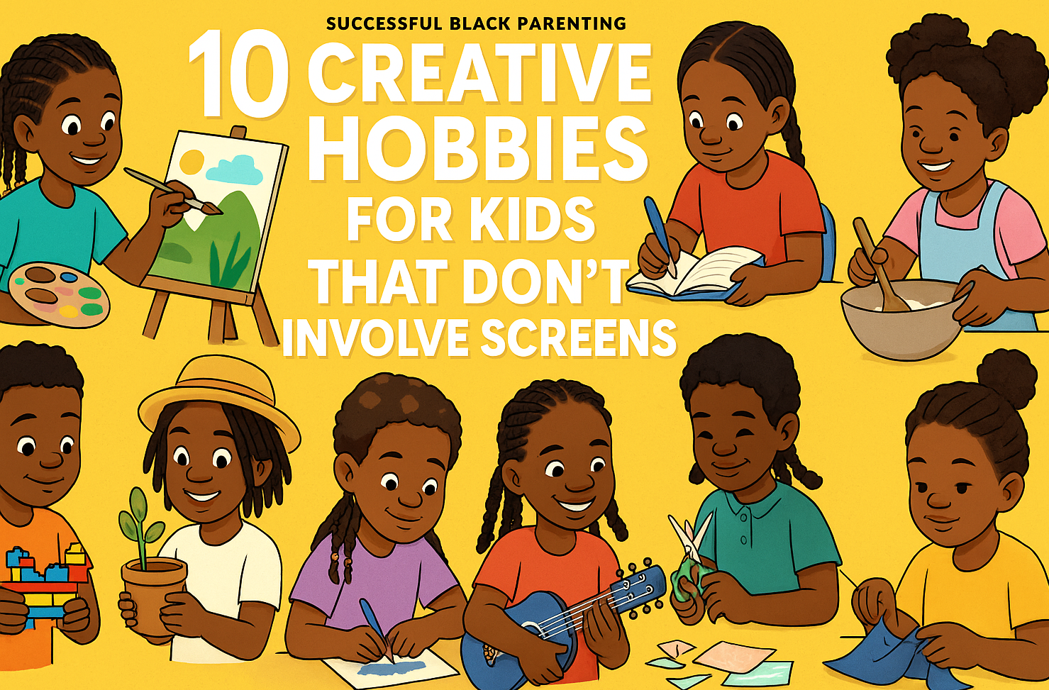 A vibrant graphic from successful black parenting magazine showcasing 10 creative hobbies for kids that don't involve screens, featuring diverse children painting, journaling, gardening, playing instruments, knitting, and more in a colorful, engaging layout.