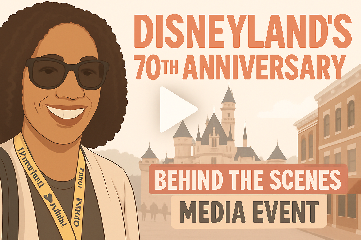 A smiling african american woman with curly hair and black sunglasses stands in front of disneyland’s main street u. S. A. , with sleeping beauty castle in the background. She wears a white cardigan and a yellow “disneyland media” lanyard. Bold text on the image reads “disneyland’s 70th anniversary: behind the scenes media event. ” the scene is colorful and festive, capturing the joy and magic of the celebration for behind the magic: celebrate happy at disneyland’s 70th anniversary article.