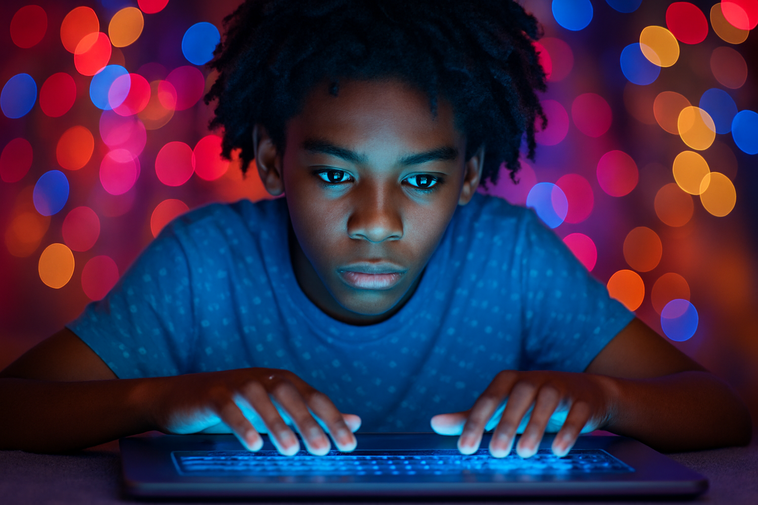 Teen black boy using a laptop, symbolizing how black communities are breaking the tech-industrial complex through care, trust, and innovation for an article titled, how the tech industry fails black boys and how community can lead the way.