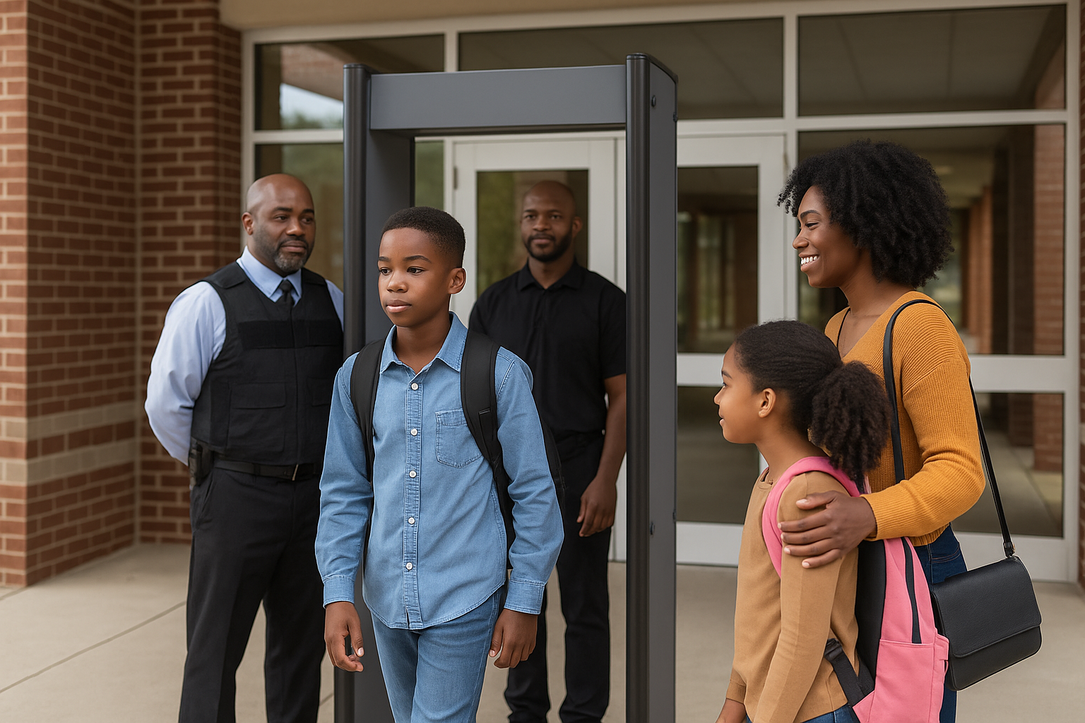 Black family and school security officers at a walk-through metal detector, representing security best practices for school administrators to ensure safe learning environments, for an article titled, security best practices for school administrators.