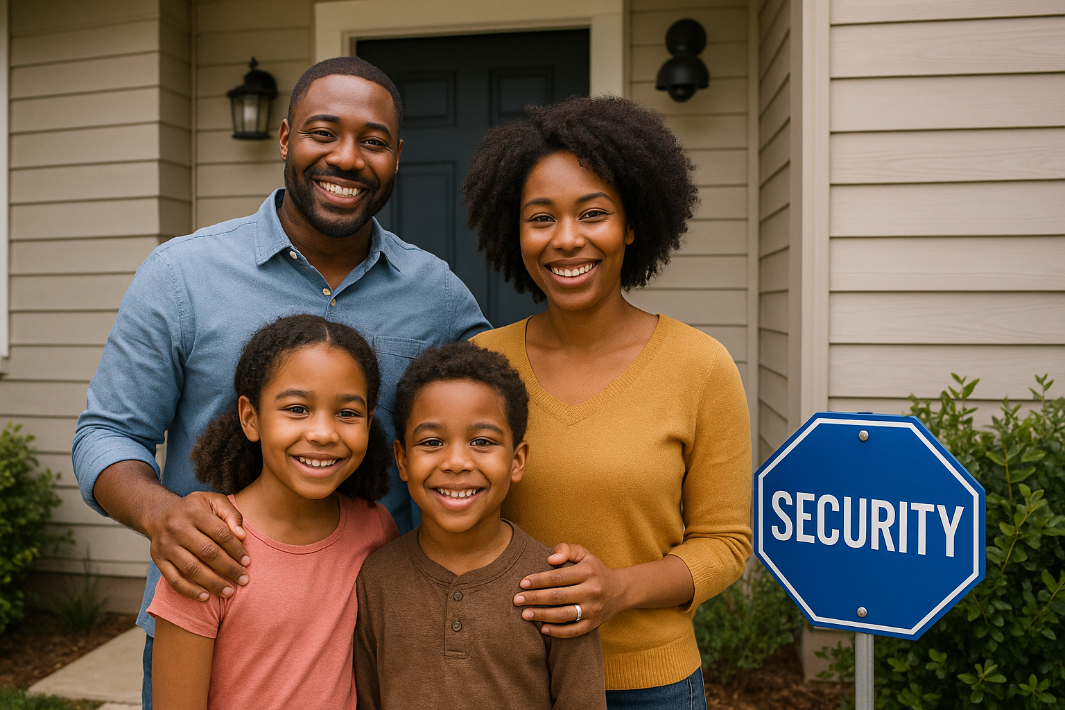 Is home security worth it? Here’s the honest answer. African american family standing happily in front of their home with a visible security sign, representing the safety and peace of mind a home security system provides