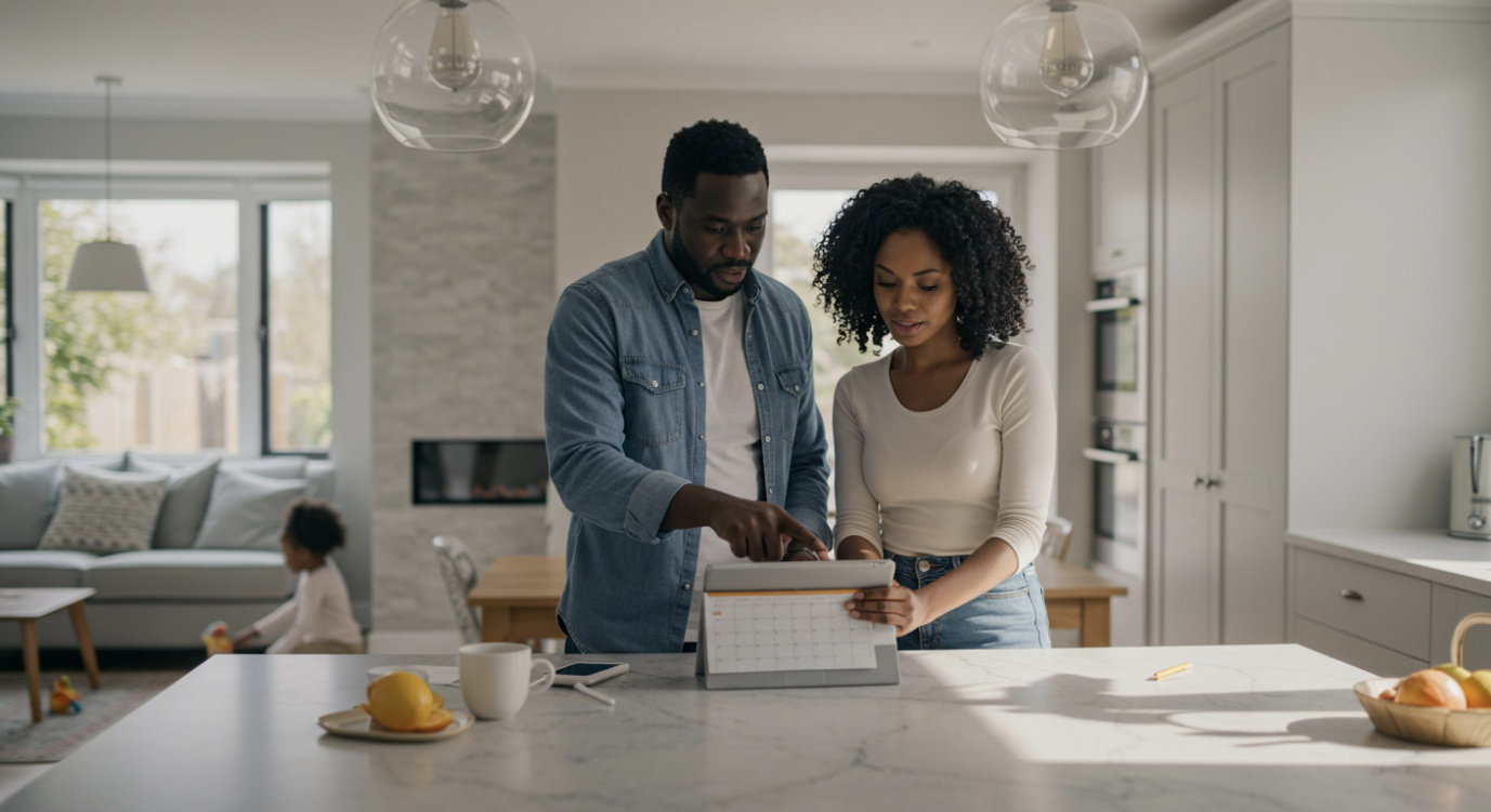 How to build a strong co-parenting alliance: 5 ways for the modern team in 2025 Black parents reviewing a shared digital calendar on a tablet in their kitchen, planning schedules as part of building a strong co-parenting alliance in 2025. How to build a strong co-parenting alliance: 5 ways for the modern team in 2025.