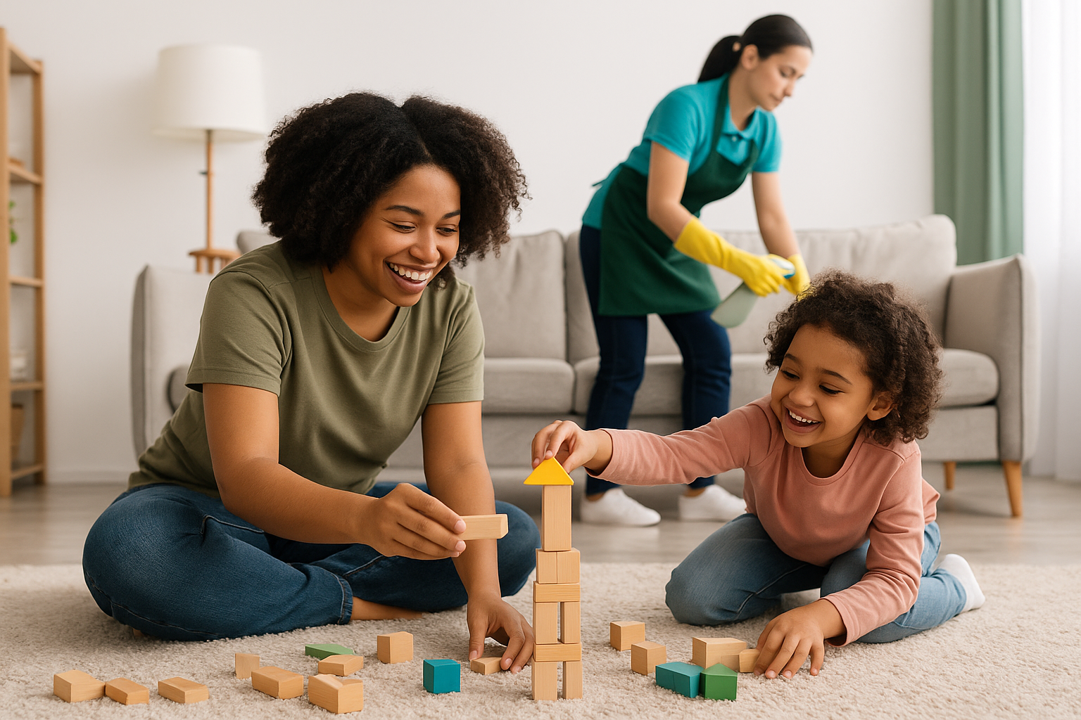 African american mother and daughter playing with wooden blocks on the living room floor while a housekeeper cleans in the background, symbolizing balancing busy schedules with a cleaner, healthier space.