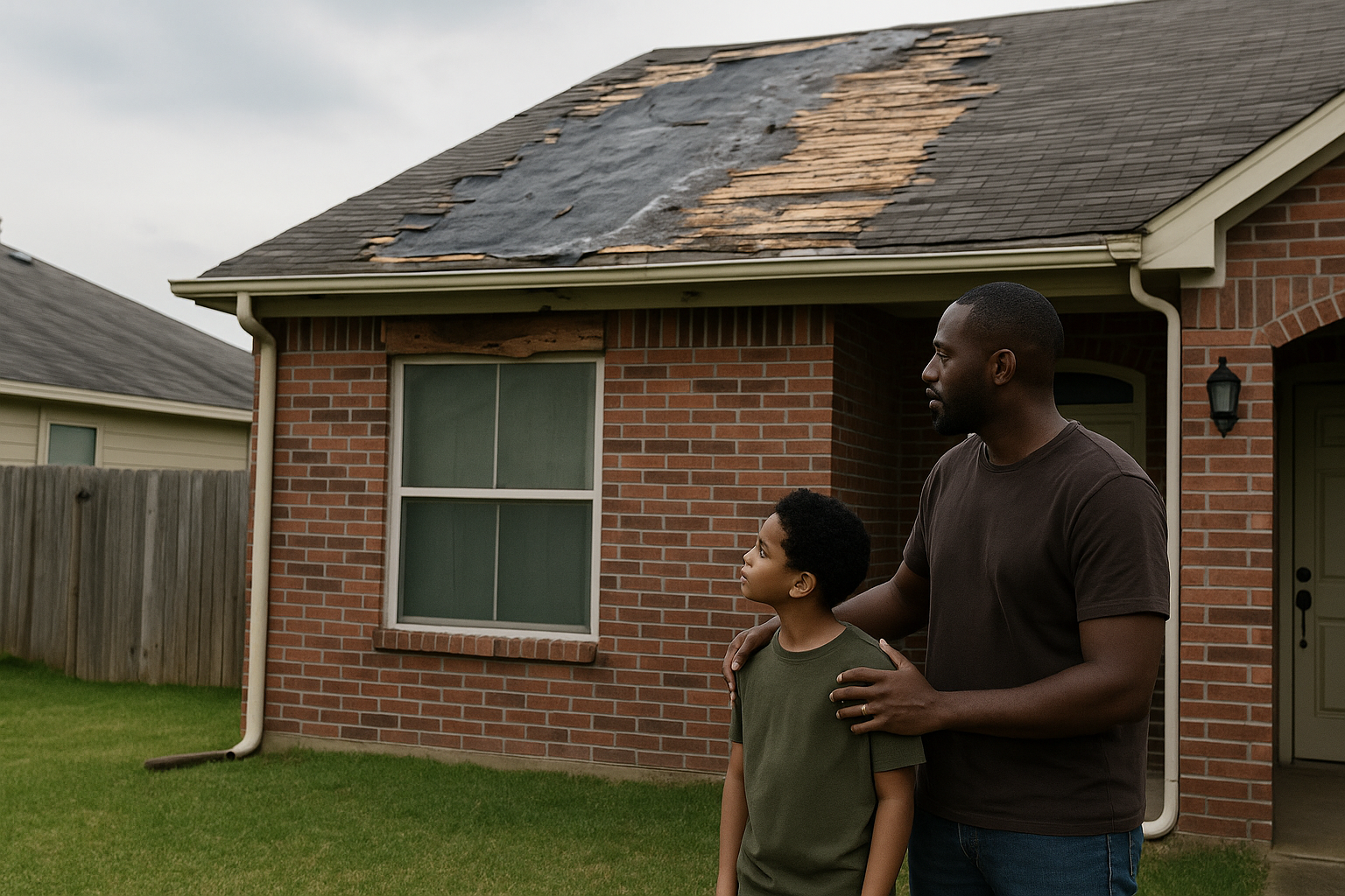 Black father and son standing outside their brick home, looking up at a damaged roof with missing shingles, symbolizing the true cost of putting off essential home repairs.