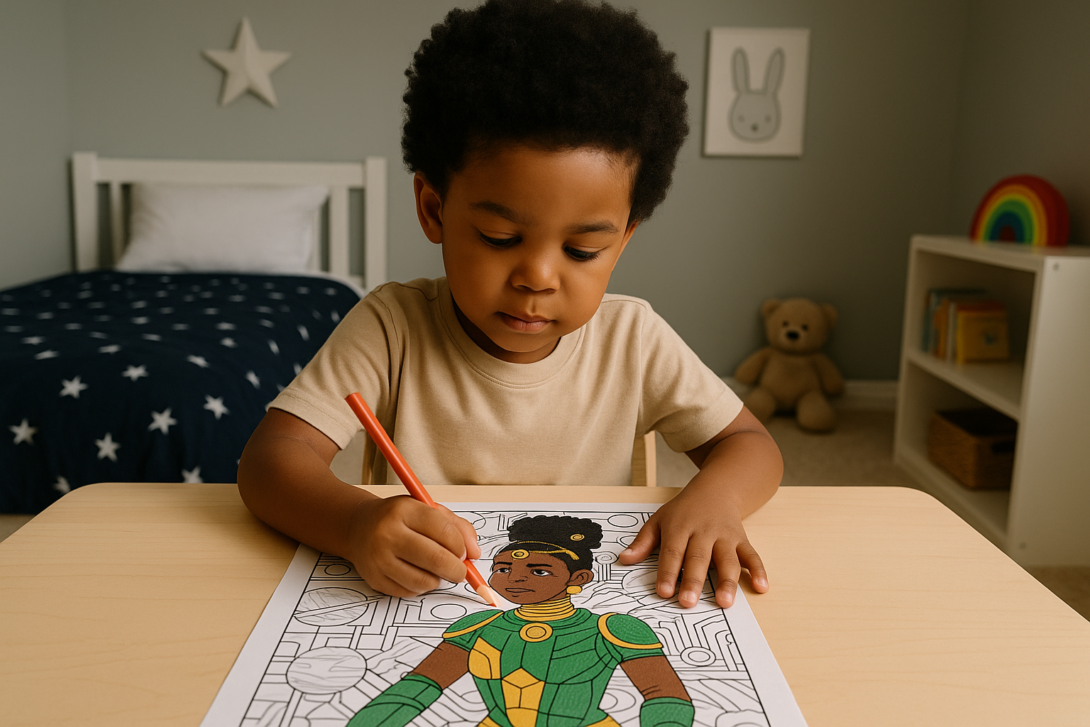 Preschool black child coloring pages a right-side-up afrofuturistic coloring page at his desk in a fun, modern bedroom with playful decor and warm lighting.