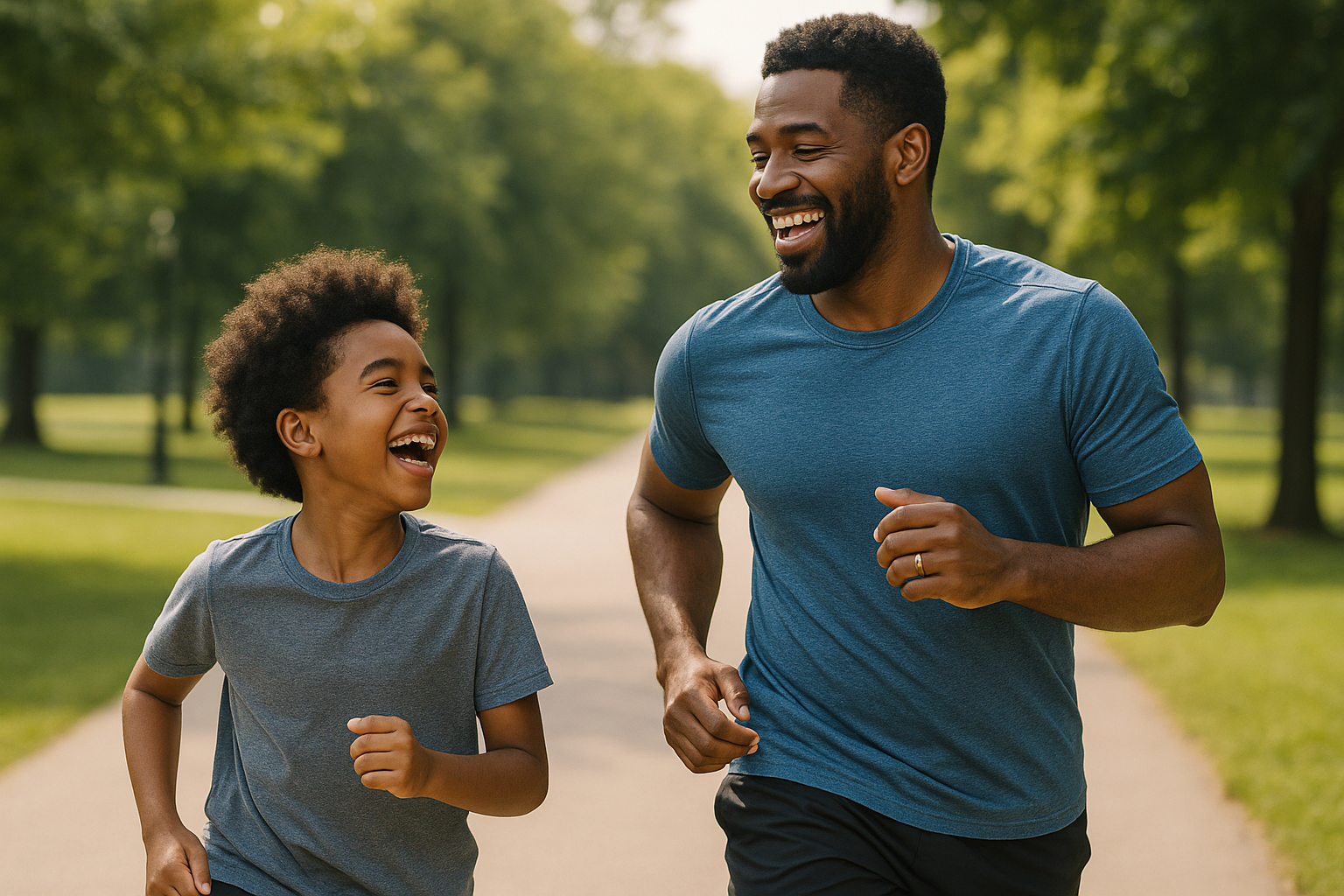 A joyful black father and son jogging together on a sunlit park path, both smiling and laughing, representing how healthy dads raise happier kids.