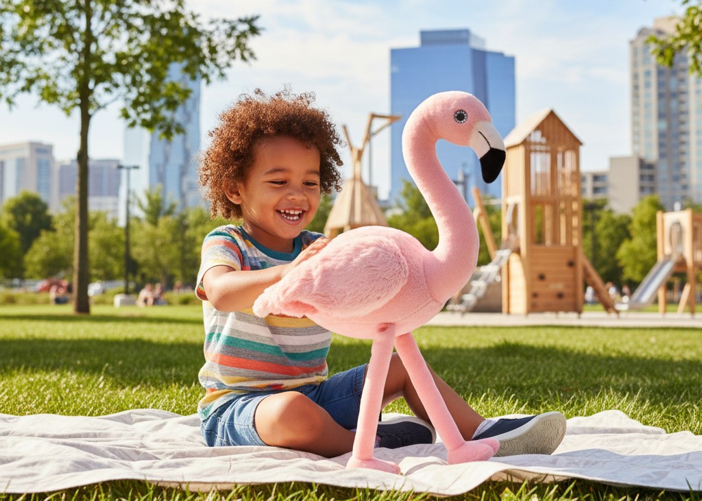 A smiling child plays with a pink flamingo plush toy in a park, showing how educational and sensory play builds imagination and development.