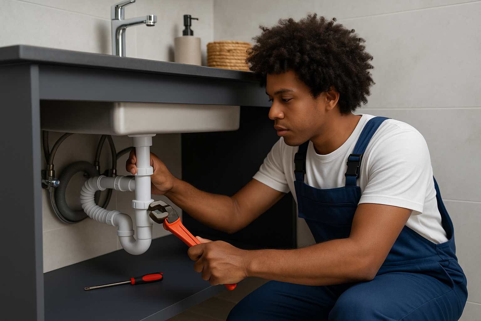 Black plumber in blue overalls using a wrench under sink, highlighting costly plumbing mistakes businesses make without a professional plumber
