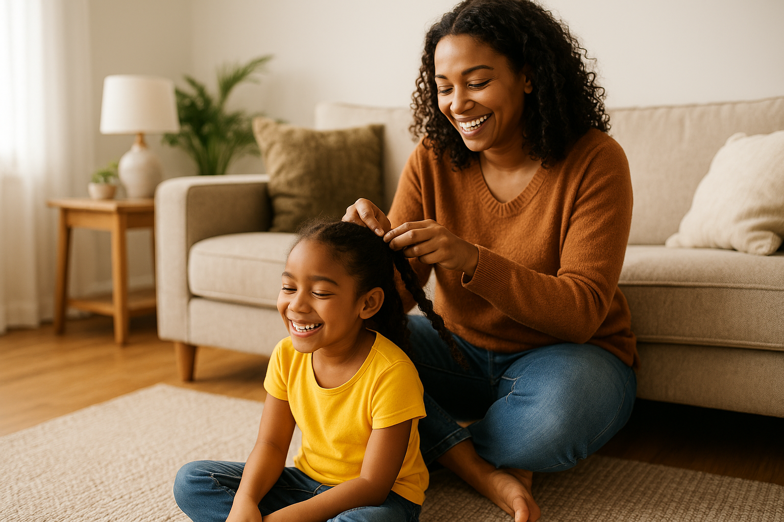 A joyful moment of a black mother braiding her daughter’s hair on the couch, symbolizing how black parents can break generational trauma through connection and bonding.