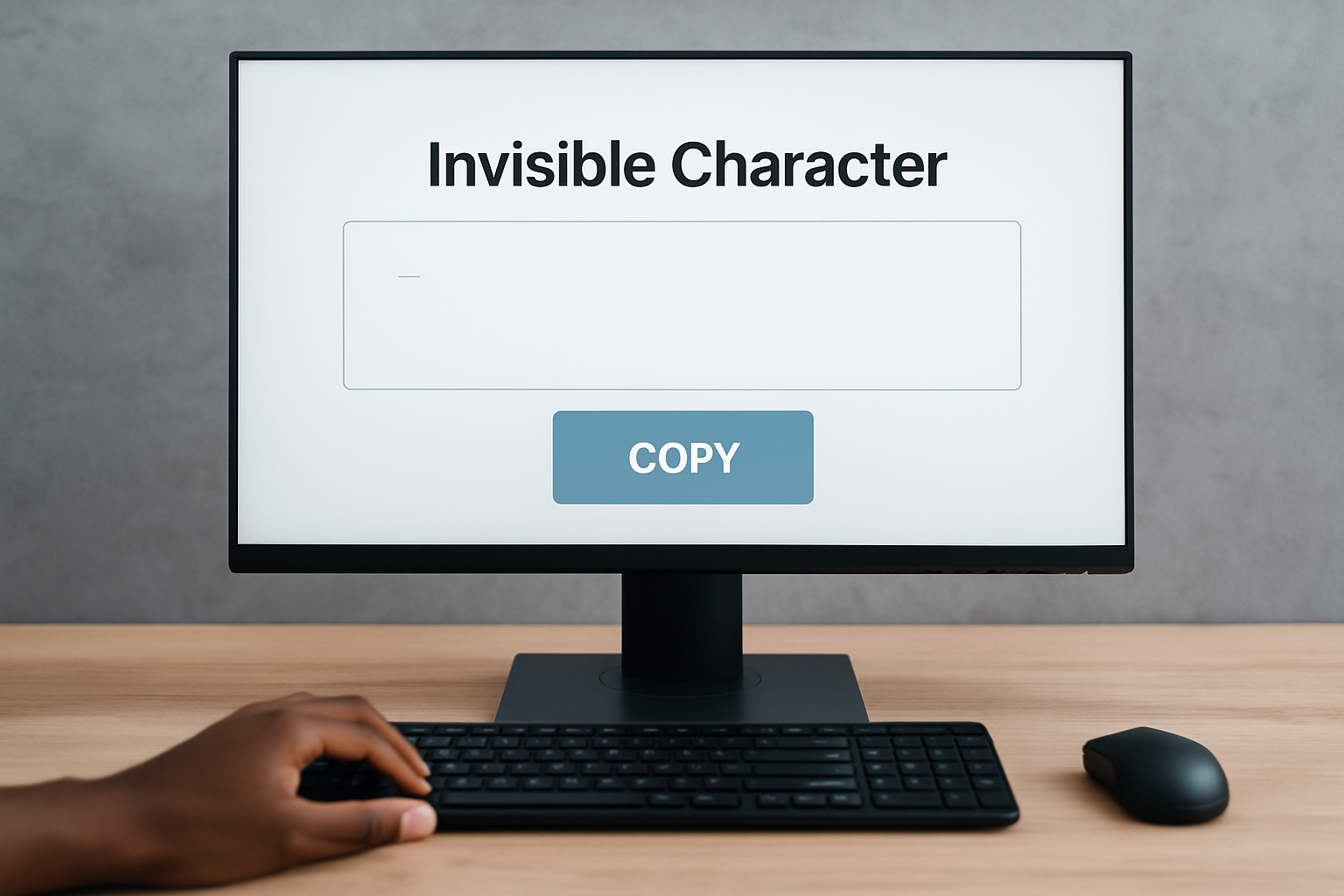 A computer monitor displaying an invisible character generator with a copy button, representing how gamers create unique blank usernames online.