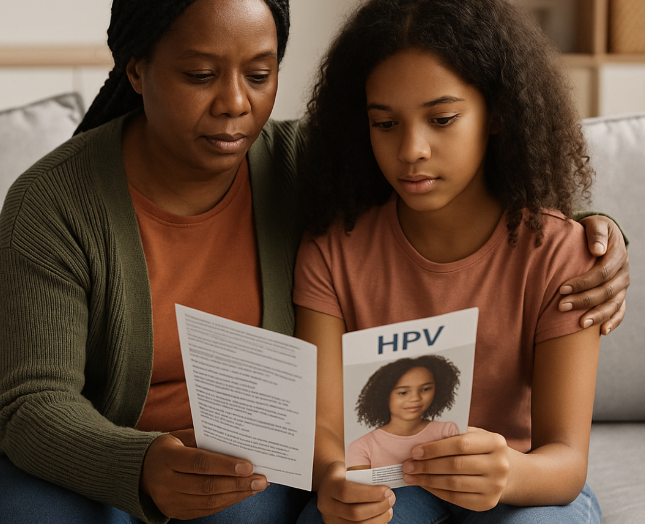 African american mother and daughter reading hpv vaccine information together, supporting hpv awareness in the black community.