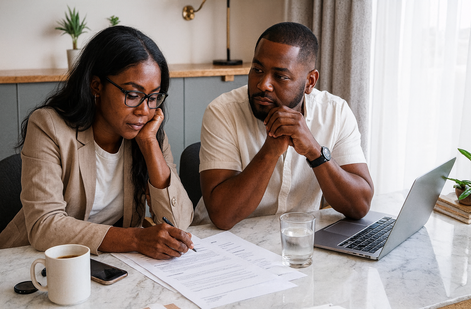 African american couple preparing financially for marriage reviewing documents together at a table with a laptop, showing focused planning and teamwork in preparing financially for marriage.
