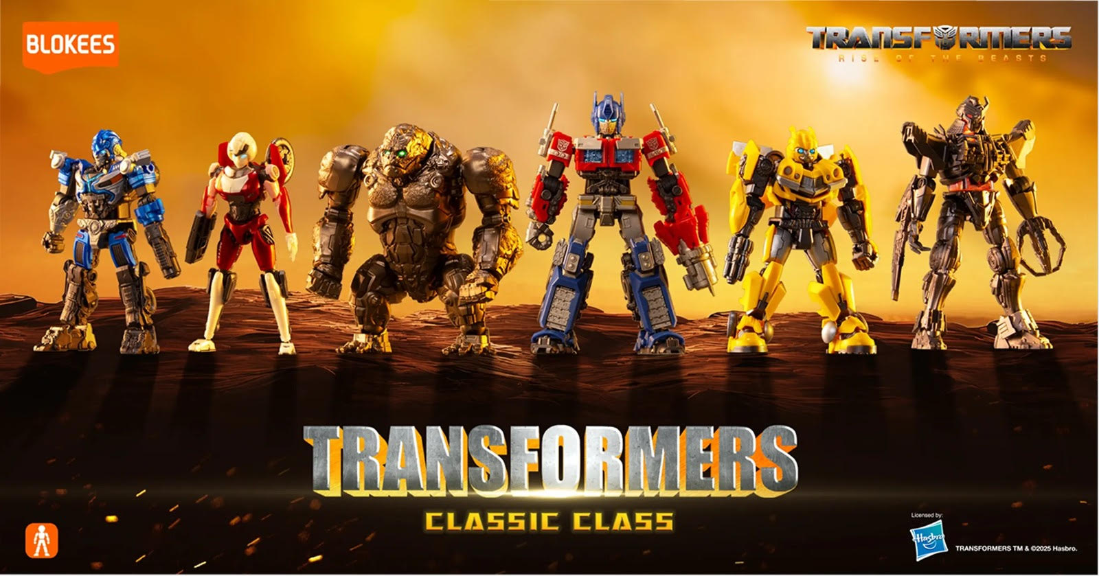 Blokees transformers rise of the beasts classic class lineup featuring detailed collectible figures of autobots and maximals posed together in dynamic stances against a glowing orange background.