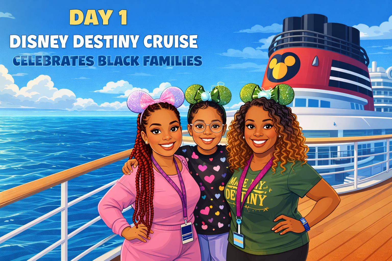 Day 1 disney destiny cruise celebrates black families cartoon illustration of janice robinson-celeste, her daughter, and granddaughter on disney cruise ship deck