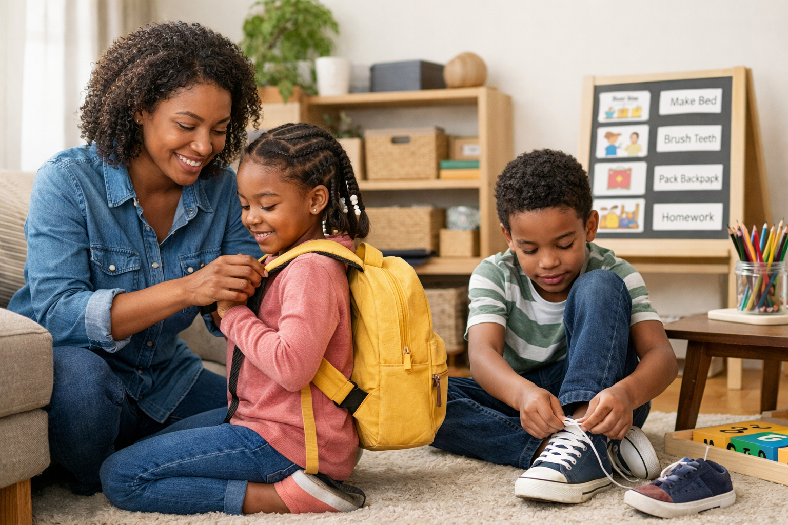 Black mother guiding child while encouraging independence at home, empowering children to boost independence through daily routines young black child tying shoes independently, helping children become independent with confidence and resilience