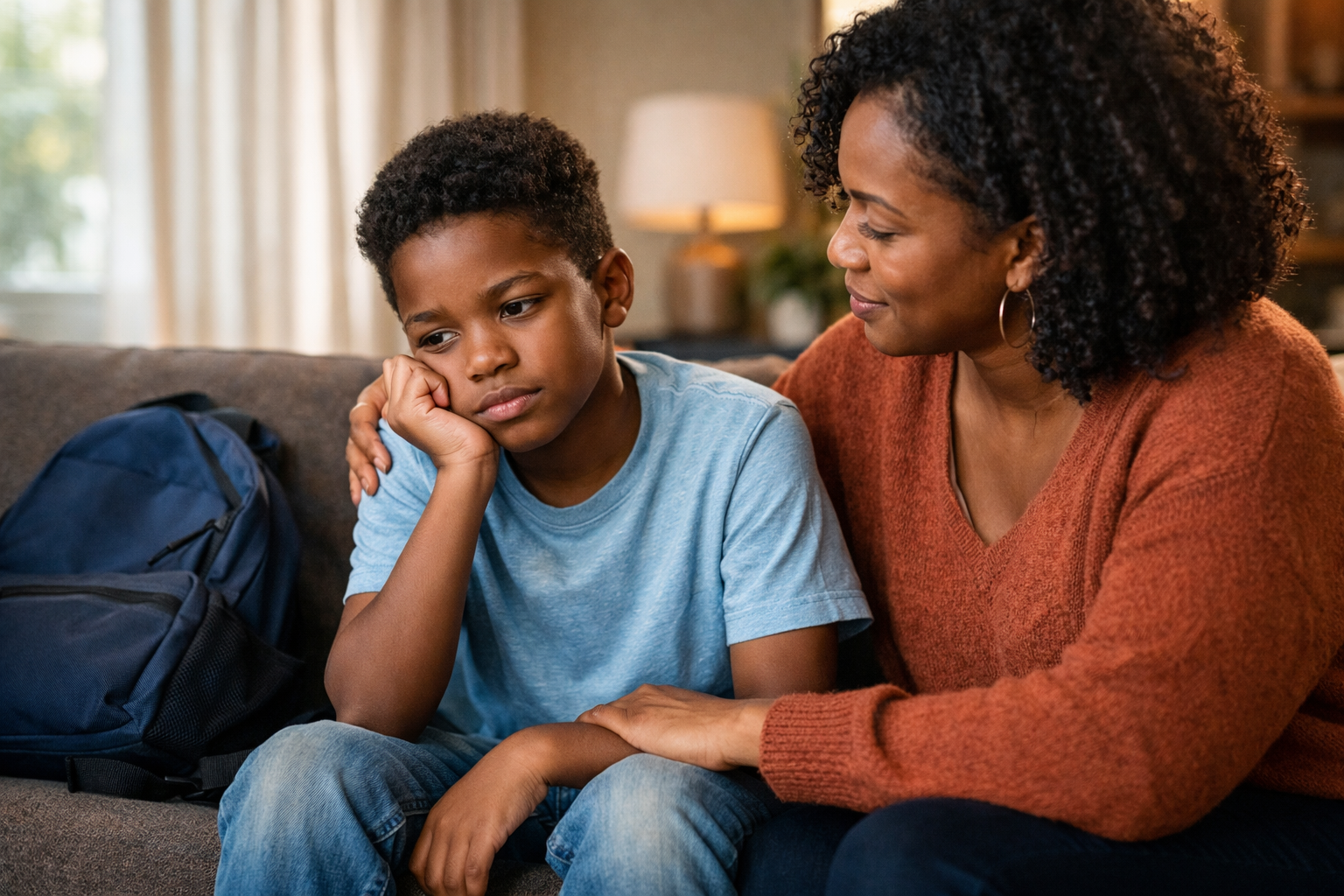 Black mother comforting elementary-age son on a couch after school while listening to him talk about feeling excluded by friends, warm natural light in a family living room.