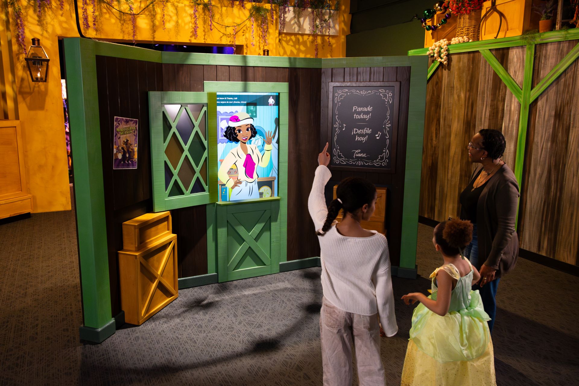 Princess tiana exhibit interactive display at a children’s museum celebrating black culture and new orleans traditions for kids