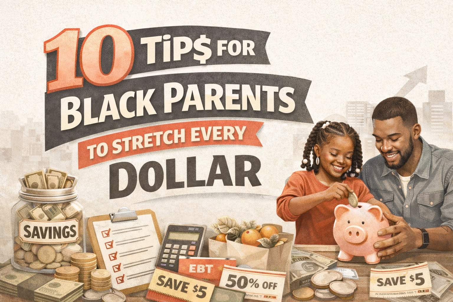 Black family budgeting at home with child saving money in piggy bank, groceries and calculator, representing tips for black parents to stretch every dollar.