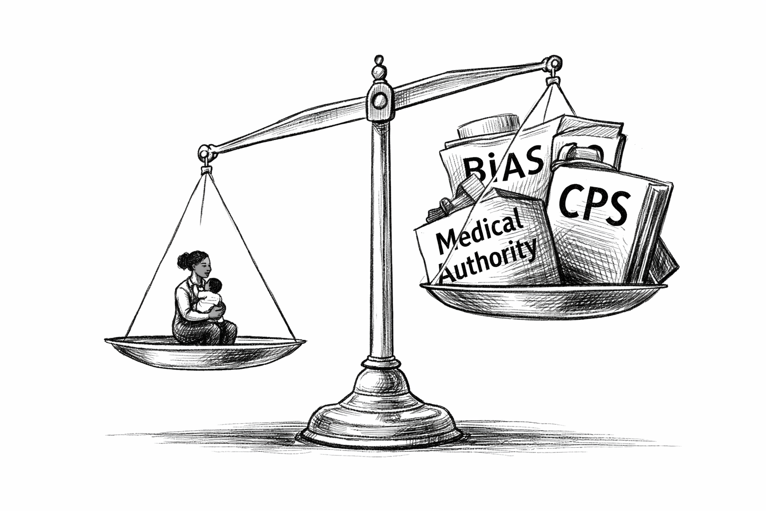 Black mother and baby on scale weighed against bias cps and medical authority showing medical bias against breastfeeding black mothers