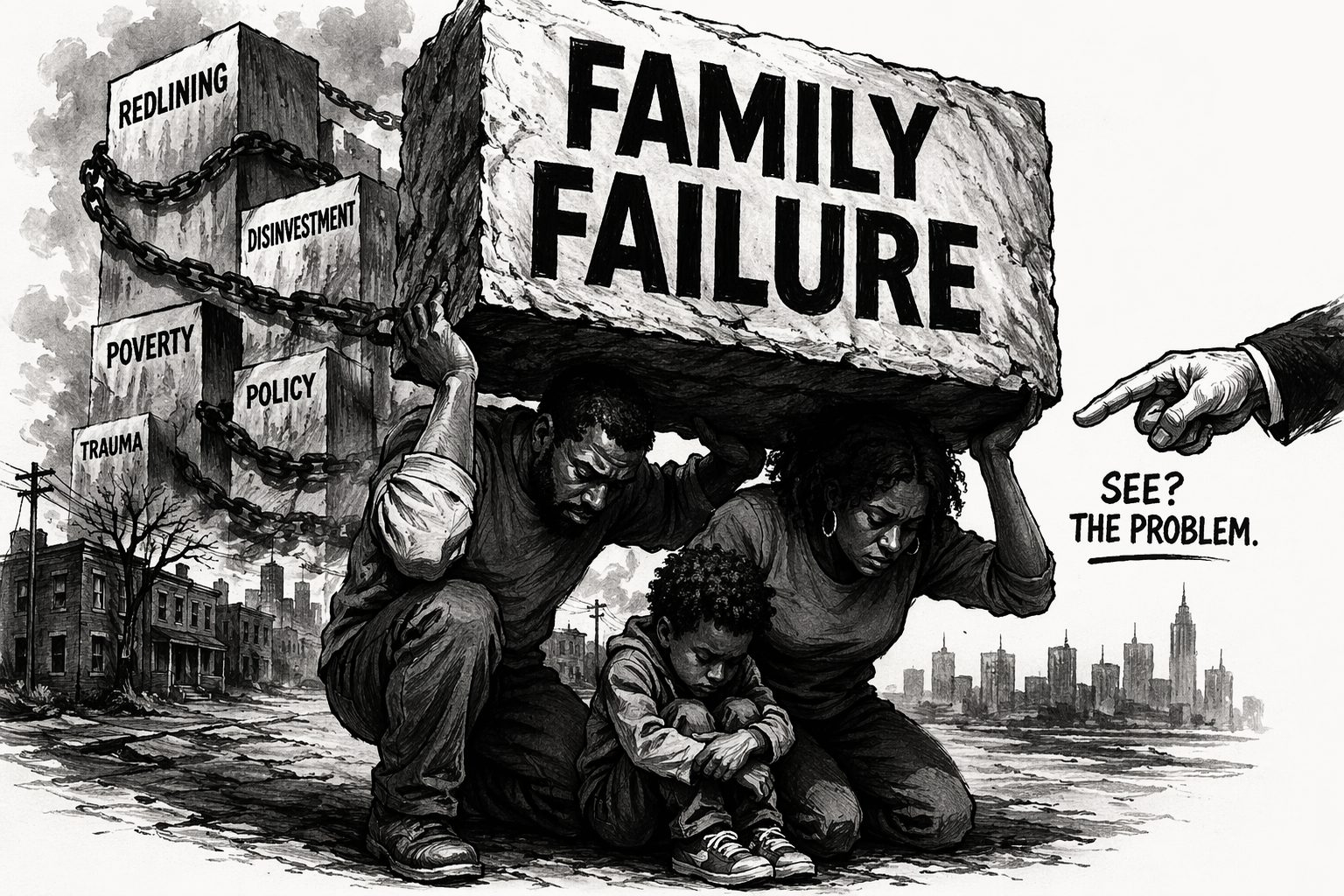 Black family burdened by systemic inequality editorial illustration showing redlining, poverty, and disinvestment labeled as family systems failure.