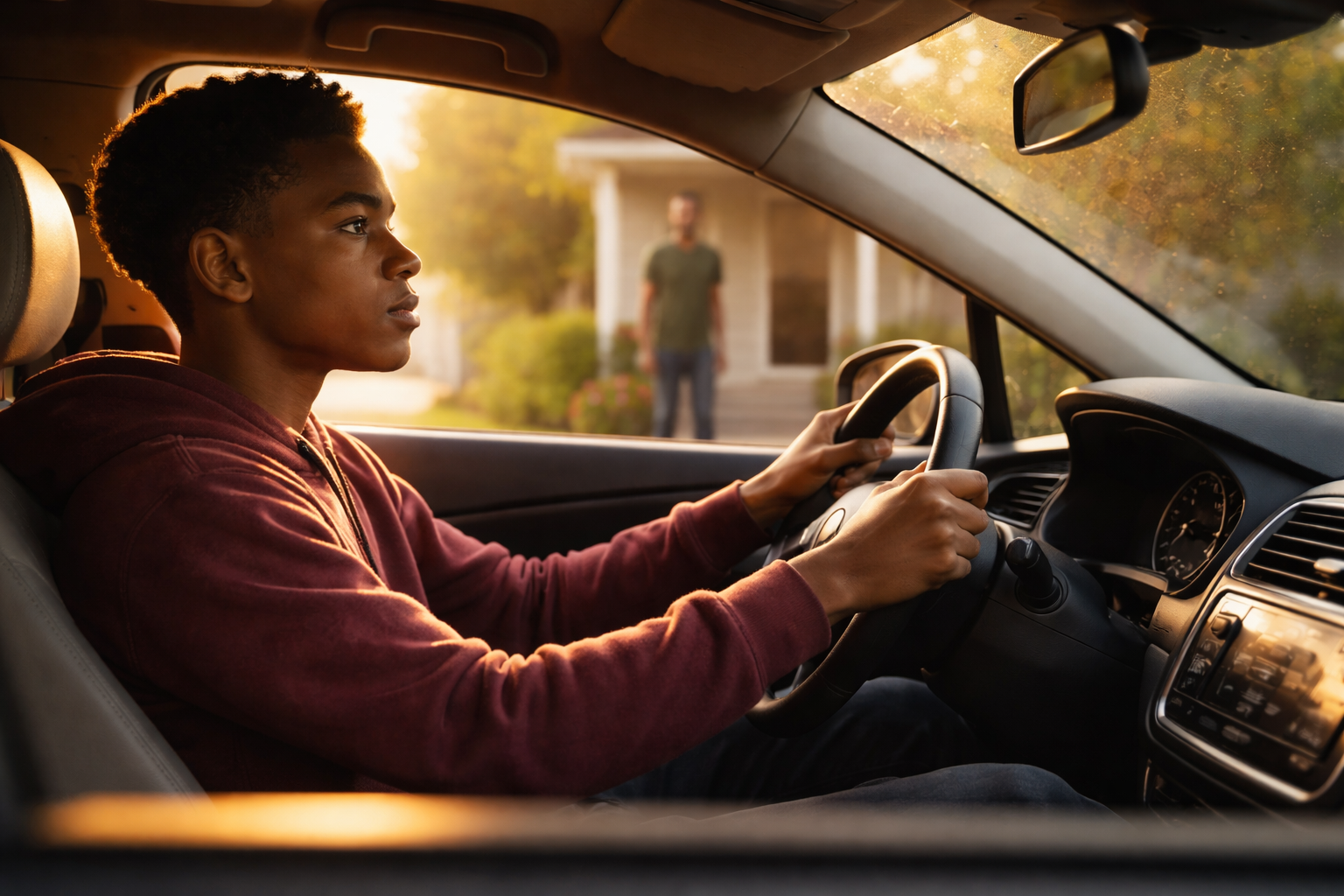 Black teenager moving forward in life sitting in parked car preparing to start journey symbolizing teen motivation goal setting and personal growth