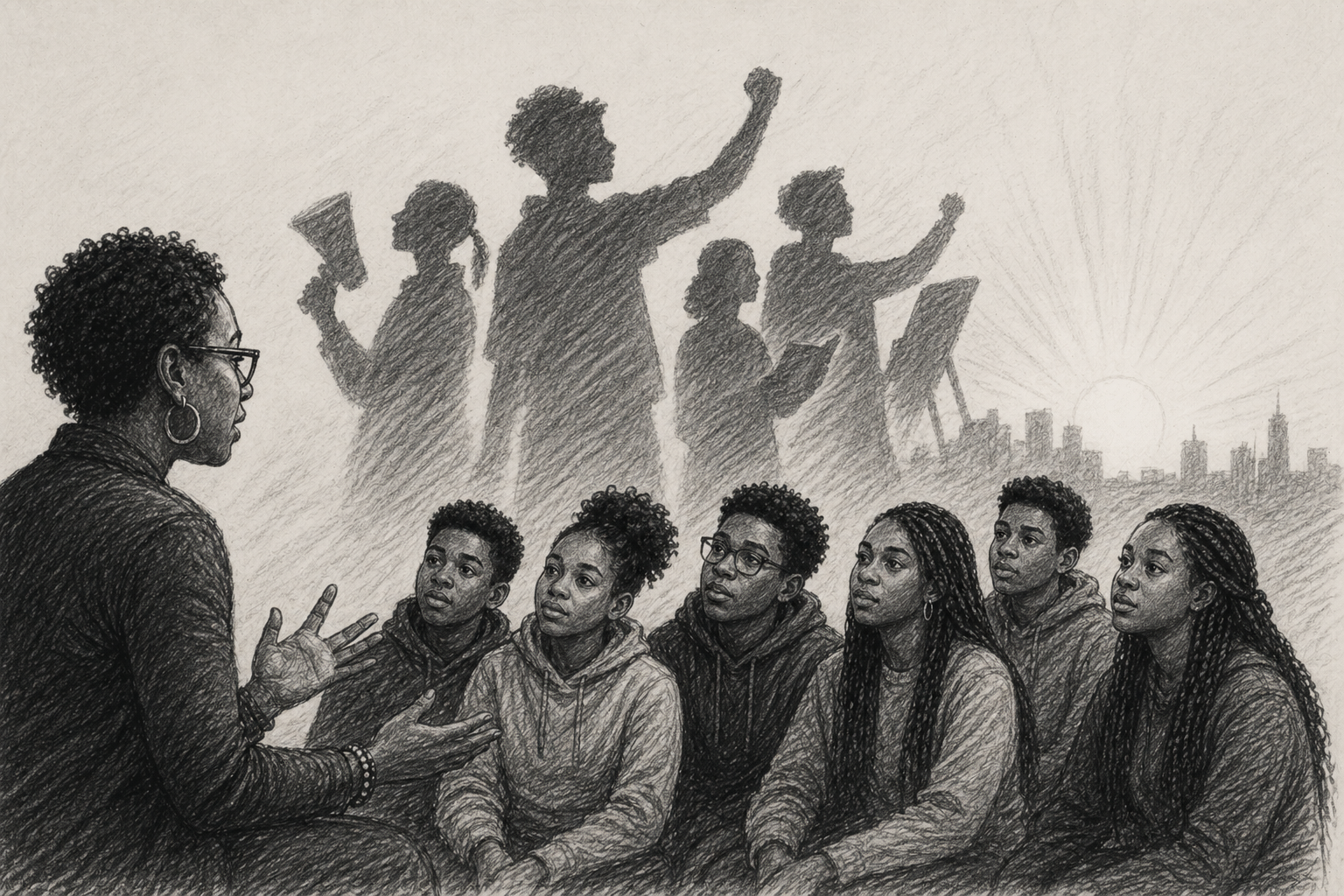 Group of black youth seated in discussion as their shadows stand tall behind them, representing future change, leadership, and generational hope