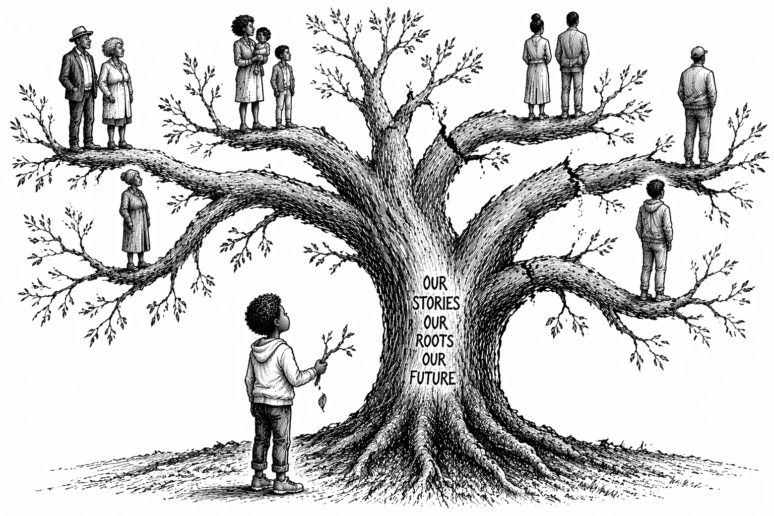 Black family tree illustration showing adoption identity, cracked kinship branches, silence and belonging in black families
