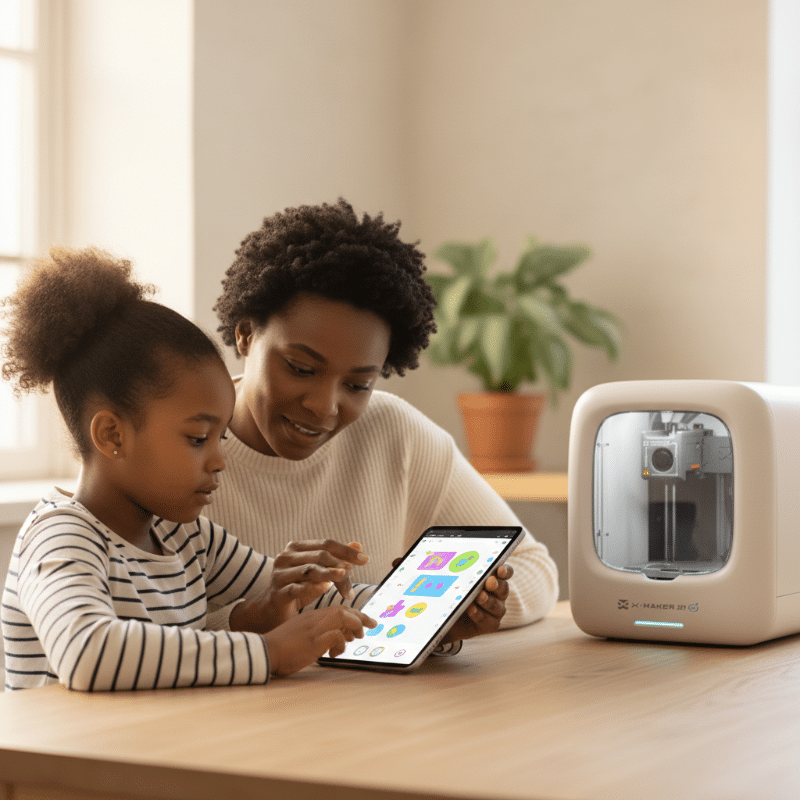 A black mother and her young daughter using a child-friendly 3d design app together at the kitchen table beside a small home 3d printer.