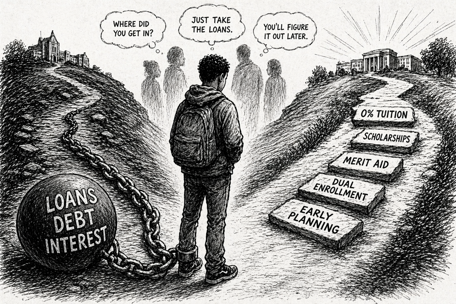 Black and white editorial illustration of a black high school student at a crossroads choosing between a debt-heavy college path with loans and a tuition-free pathway with scholarships and early planning