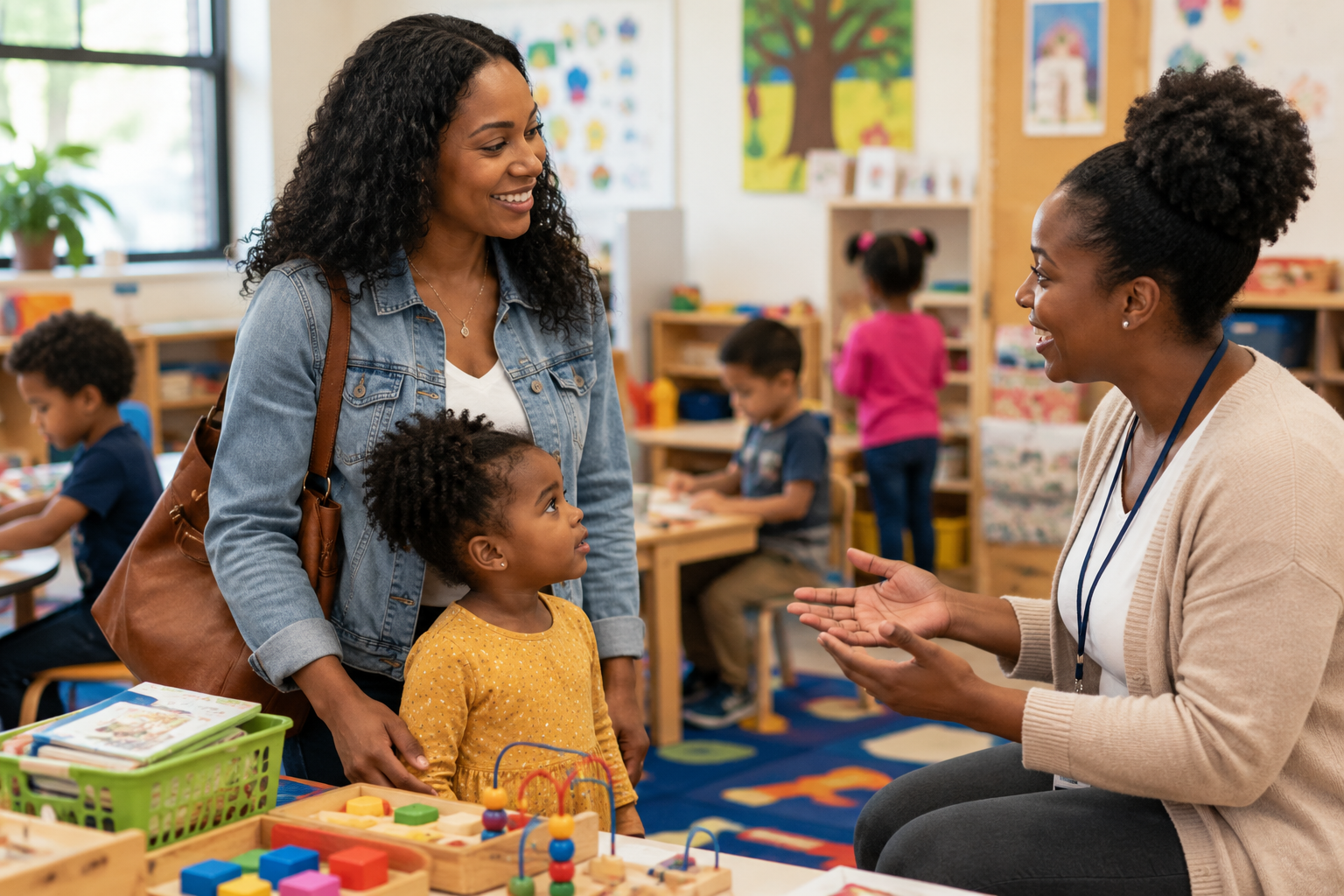 African american mother and child touring a safe and welcoming preschool classroom with a teacher discussing early childhood education programs