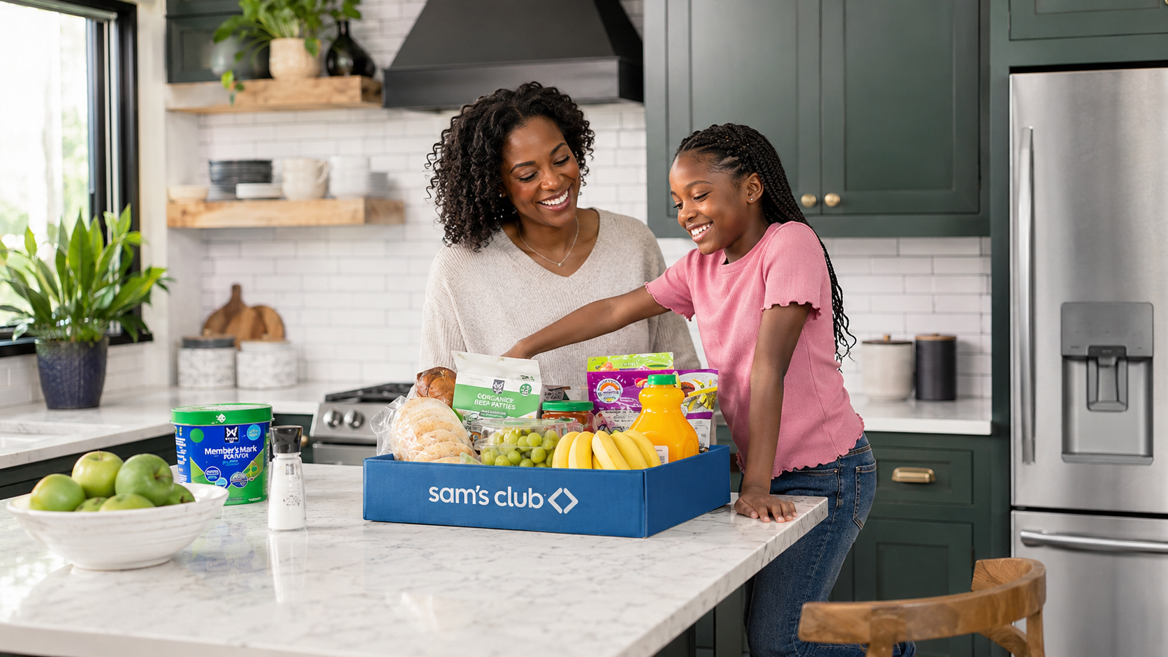 African american mother and daughter unpacking a sam’s club mother’s day gift bundle in a modern kitchen with affordable groceries and thoughtful budget-friendly gifts